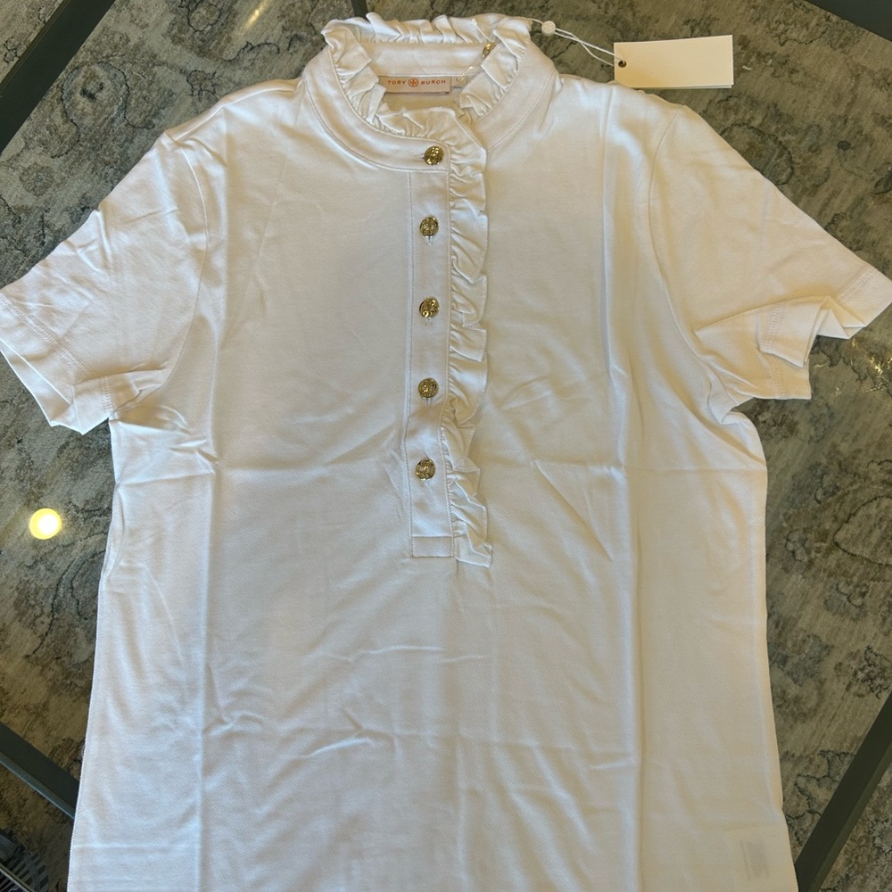 Tory Burch White Ruffled Button-Up Shirt